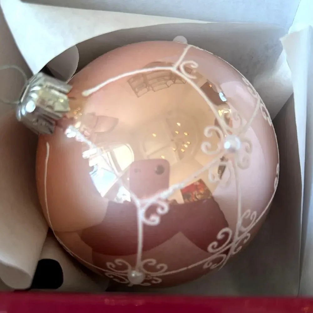 NEW Vitbis Poland Handcrafted Glass Ornaments Set of 6 Pink w/ White Glitter